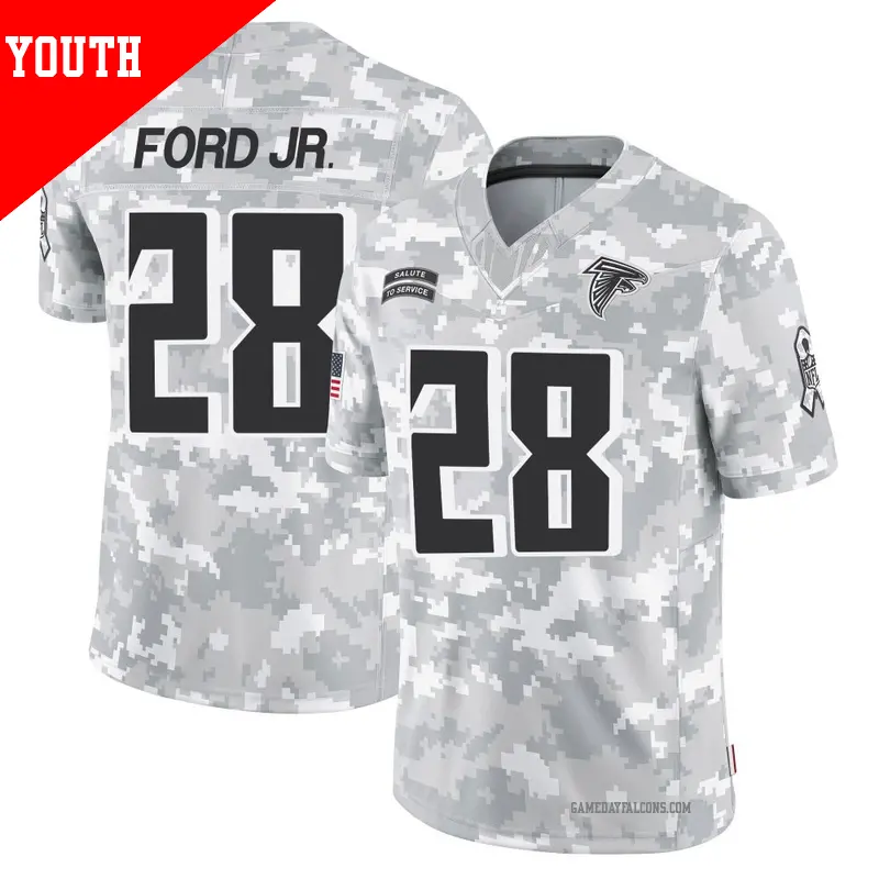 Youth ＃28 Mike Ford Jr. Atlanta Falcons Limited Arctic Camo 2024 Salute to Service Jersey