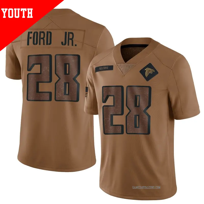 Youth ＃28 Mike Ford Jr. Atlanta Falcons Limited Brown 2023 Salute To Service Jersey